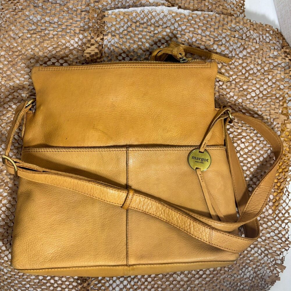 Margot New York | Crossbody Double Zip Leather Hobo Bag | Cognac Brown